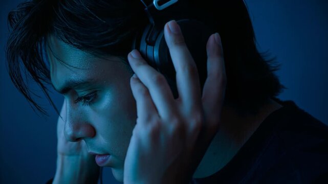 Vertical video: Hearing cue, man wearing tee in dim blue room adjusting headphones for better fit