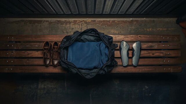 Vertical video: Panning camera showing locker bench with duffel open blue shirt shoes shinguards