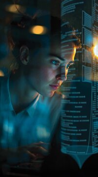 Concentrated young female programmer working on a computer at night with digital code reflection