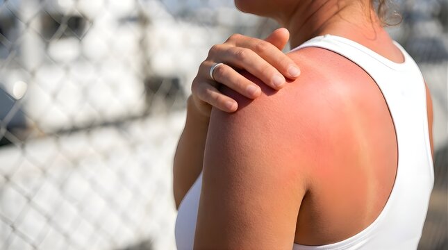 Person's hand touching their severely sunburned shoulder, indicating pain and discomfort from sun exposure.