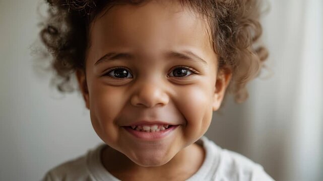 Smiling toddler facing camera, widening grin and moving closer at home, with light drape and shirt