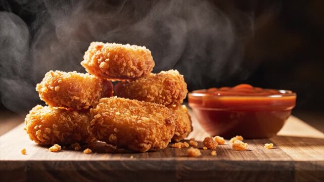 Steaming hot crispy fried chicken nuggets with dipping sauce on wooden board