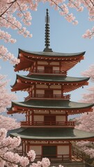 Fototapeta premium Cherry blossoms frame traditional pagoda mobile wallpaper