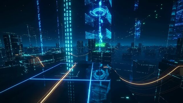 An abstract blue digital world map pattern with futuristic city lines and data numbers represents a high-tech network connection for global business and internet communication