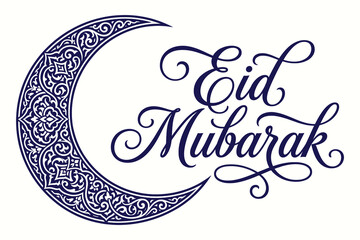 Eid Mubarak celebration elegant vector illustration featuring intricate crescent moon with Arabic calligraphy in deep navy blue on pristine white background, perfect for festive greeting cards © Vector Classic 