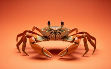 Fototapeta premium A large orange crab stands facing forward on a plain orange background.