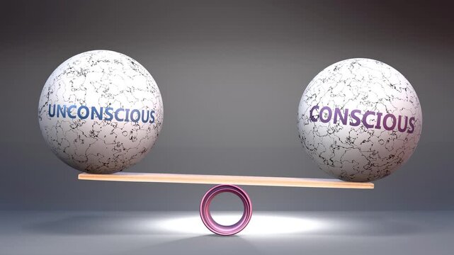 Unconscious and conscious in balance - balancing stones on a scale symbolizing harmony, equity and equilibrium between unconscious and conscious. Harmonious and beneficial situation.