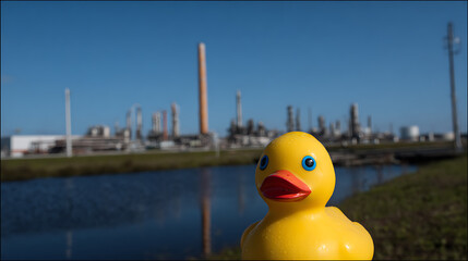 A vibrant yellow rubber duck toy stands prominently in the foreground, with an industrial facility and tall smokestacks blurred in the distant background