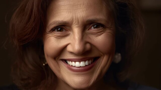 Cue arriving, senior woman opening eyes, smiling widely in studio with drop earrings and dark top