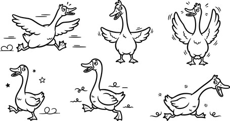 Funny hand drawn goose character collection with playful running flying walking poses cute farm bird doodle vector illustration set © Honey!