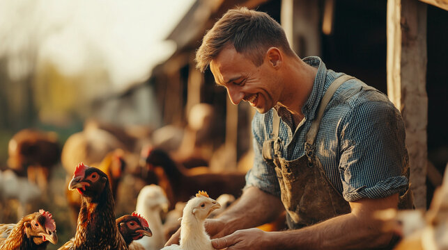 Farmer smiling while feeding chickens in a barnyard at sunset, cheerful mood