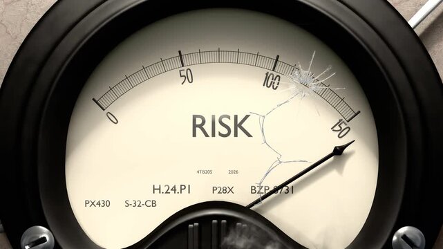 Risk meter showing big levels of risk. Dangerously increasing high values of risk, critical overload. Too much, off the charts. Max risk