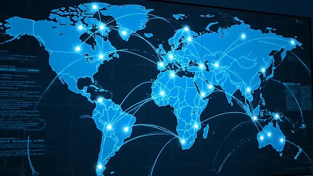 Glowing Blue Global World Map with Connecting Network Lines