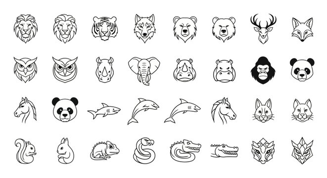 Collection of Animal Icons and Symbols: Wildlife, Pets, and Fantasy Creatures