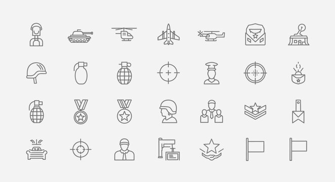 Military Icons Set: Soldier, Tank, Helicopter, Plane, Grenade, Helmet, Target