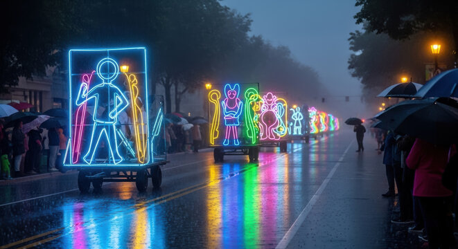 A large, glowing neon figure on a parade float moves past audience members gathered under dark, rainy conditions on a city street.