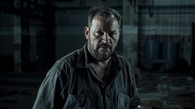 Gathering breath, bearded man in work shirt lifting head and scanning factory with drums, boxes