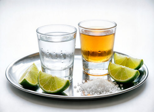Two shot glasses with silver and golden tequila on white