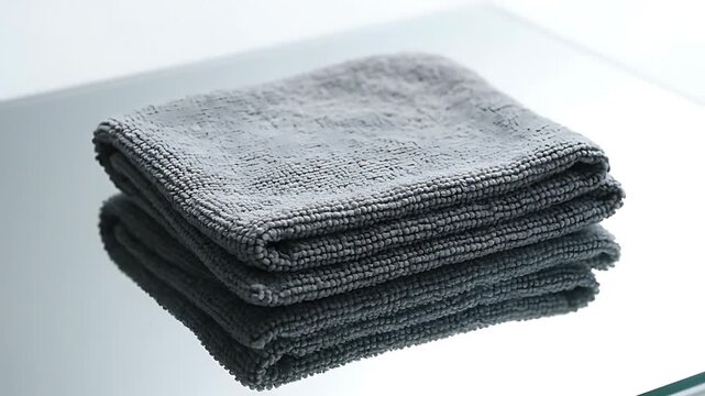 Stacked Charcoal Grey Microfiber Cleaning Towels on Glass Surface