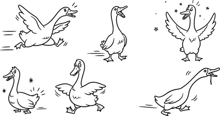 Funny hand drawn goose characters collection with running walking flapping poses cute farm bird doodle line art vector set © Honey!