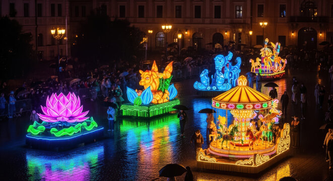 Vibrantly illuminated floating lanterns depicting lotus flowers and carousel scenes drift across dark water during a nighttime cultural festival procession.