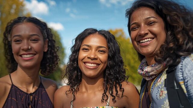 Laughing friends leaning in, center woman responding and speaking in park, strap top and scarf