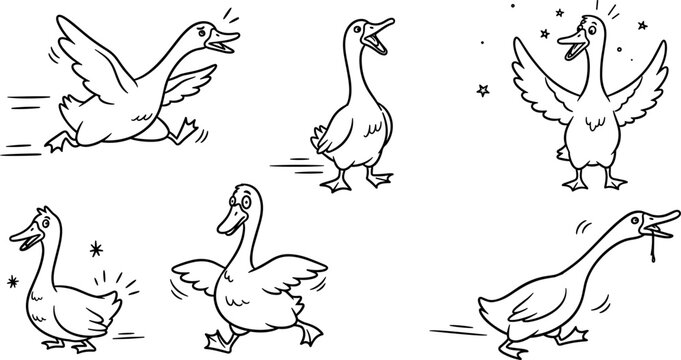 Funny hand drawn goose characters collection with running walking flapping poses cute farm bird doodle line art vector set