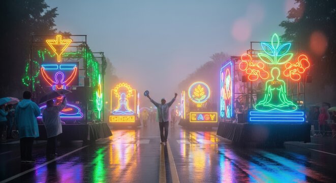 Man celebrates enthusiastically amidst a procession of vibrant neon Buddha statues and spiritual symbols on illuminated floats during a rainy parade.
