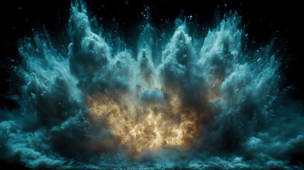 Fototapeta premium Intense explosion of luminous golden and teal dust particles erupts against dark, atmospheric background, creating dynamic and chaotic display of energy and motion.