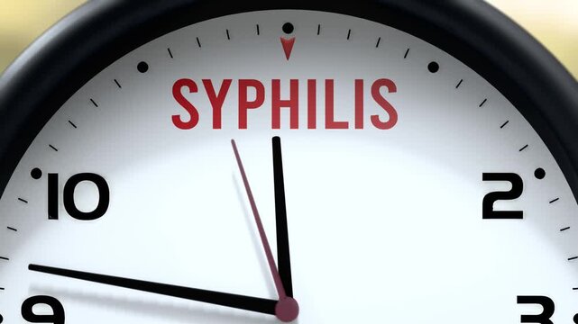 Syphilis that is going to happen soon. Upcoming syphilis, approaching in the near future. Syphilis almost here, in a short time - a clock symbolizes a reminder that syphilis is near.