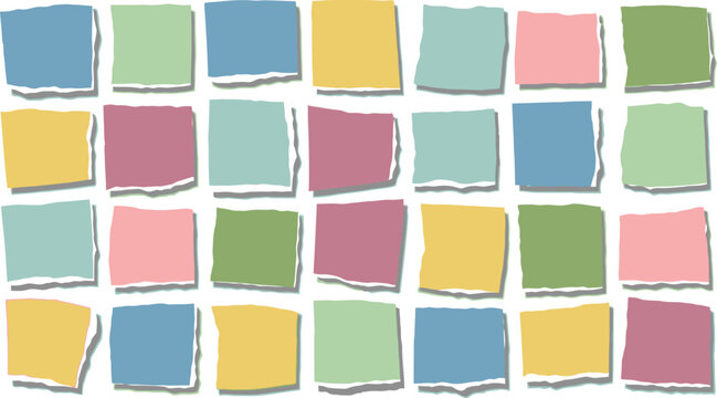 Colorful sticky notes arranged in rows on a plain white background now