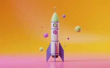 A rocket ship blasts off into space with colorful balls around it on a vibrant orange background.