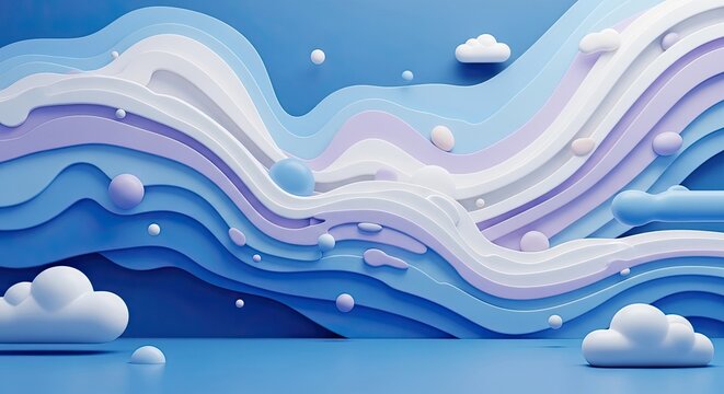 A serene and dreamy landscape with rolling hills and fluffy clouds