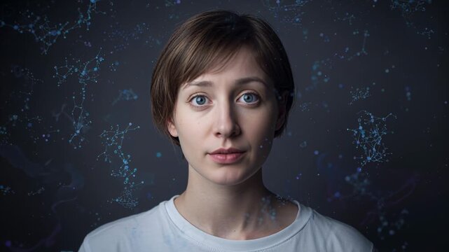 Cam starting, woman in white tee gazing, explaining data in studio with blue molecular graphics