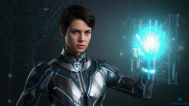 Raising hand, female operator in exosuit charging cyan orb in lab, activating hologram interface
