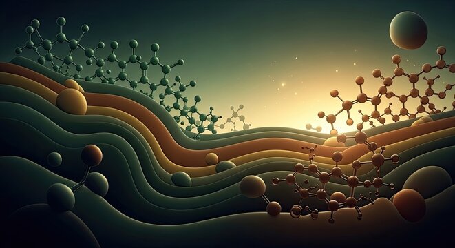 Molecular structures and organic matter in a cosmic landscape with planets.
