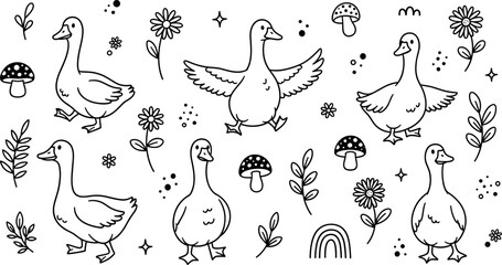 Hand drawn goose doodle collection with flowers mushrooms leaves rainbow cute outline coloring page vector illustration set © Honey!