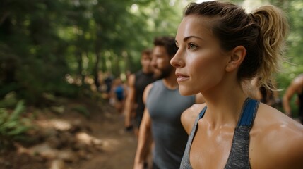 Naklejka premium Active group of athletes training together on a scenic forest trail promoting health and determination