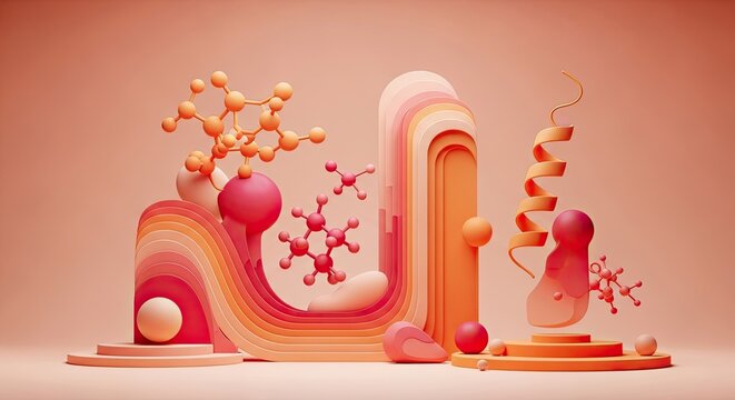 A vibrant and intricate molecular sculpture on a pink background.