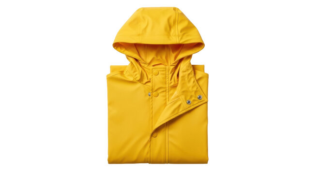 Folded yellow raincoat with hood isolated PNG, waterproof outerwear for kids and adults on transparent background