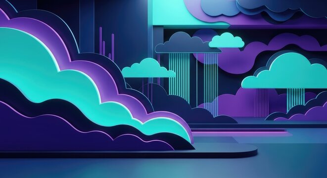 A futuristic cityscape with glowing clouds and towering structures under a dark sky