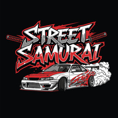 Street Samurai car logo with a white and red sports car drifting on a black background tshirt design © MdAnisul