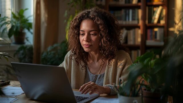 Working woman in cardigan pausing to sip mug at home laptop desk, tasting drink staying focused