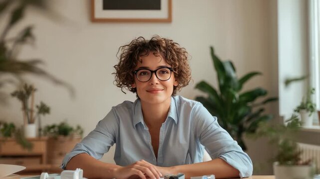 Reviewing papers and phone, woman wearing glasses, blue shirt acknowledging webcam in home office