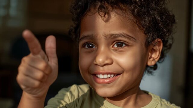 Pointing kid green tee near window at home using right index finger, reacting to off-camera person
