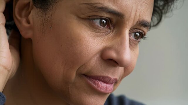 Camera tightening, woman bringing left hand to ear, reflecting in softly lit interior, dark top