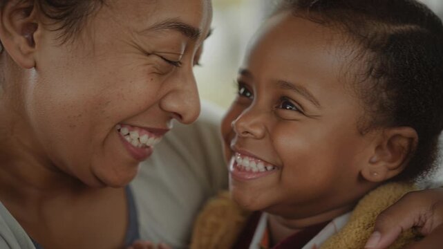 Sharing eye contact, mom and daughter leaning in, laughing on couch, showing love, child fuzzy coat