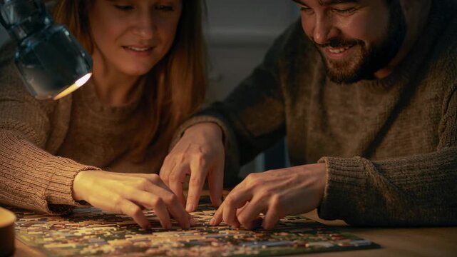Leaning in, couple in knitted sweaters fitting jigsaw pieces at table finishing puzzle under lamp