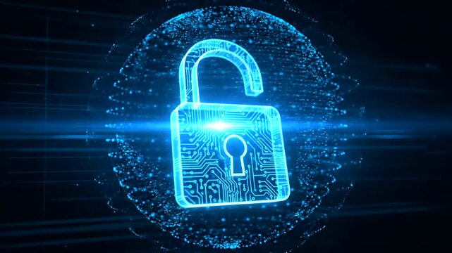 Digital Unlocked Padlock Symbol with Blue Circuit Board and Network Grid Background.