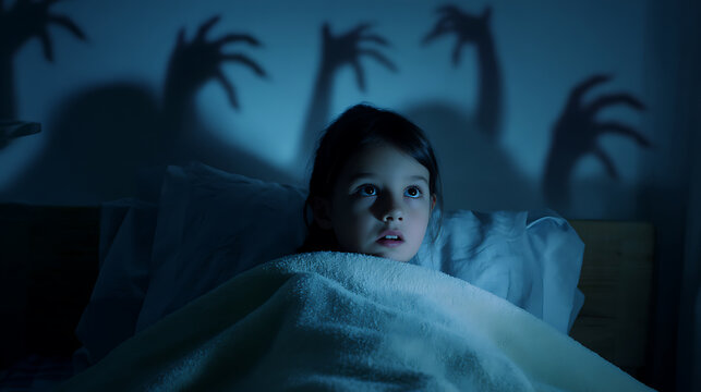 Young Child in Bed, Wide-Eyed and Frightened, Cowering Under Covers as Creepy Shadow Hands Lurk on Wall in Dark Bedroom